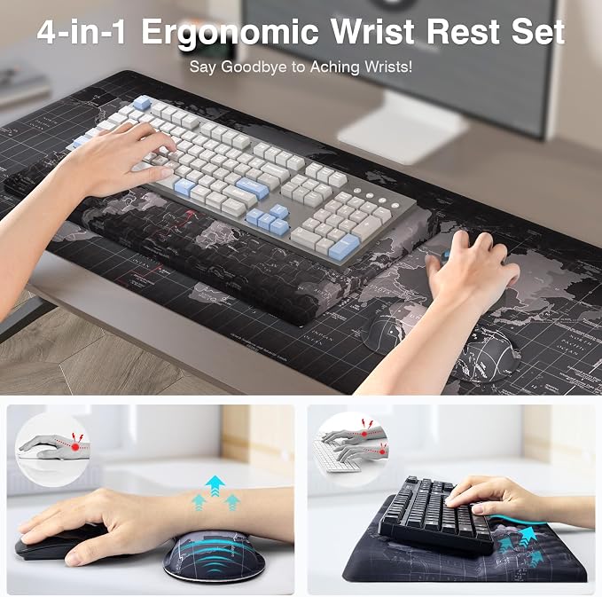 Ospelelf Ergonomic Mouse Pad and Keyboard Stand Wrist Rest Pad Set with Large Mousepad, Memory Foam Comfort, Premium Office Desk Accessories for Pain Relief and Efficiency, Black Map