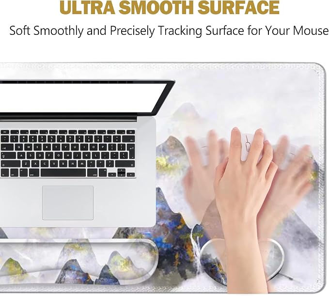 ToLuLu Extended Gaming Mouse Pad, Memory Foam Ergonomic Keyboard Mouse Wrist Rest Support Set, Large Desk Mat with Stitched Edges, Non-Slip Base Mousepad for Home Office Game Study, Ink Mountain