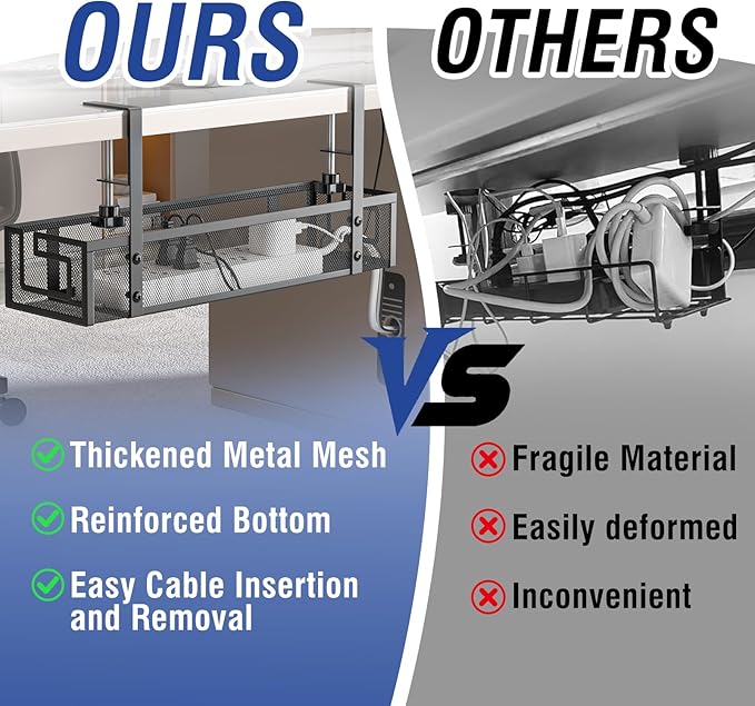 Cable Management, 15.75" Under Desk Cable Management Tray No Drill | Heavy Duty Metal Cord Organizer, Under Desk Wire Management for Gaming/Standing Desk, Clamp for Home Office, 2 Pack, Black