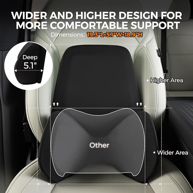 BEBAS Ergonomic Memory Foam Extended Lumbar Support Pillow for Car, Black | Extended Full Back Support, 2-in-1 Detachable Design Lumbar Cushion, Breathable Washable Cover, Fits for Driving, Office