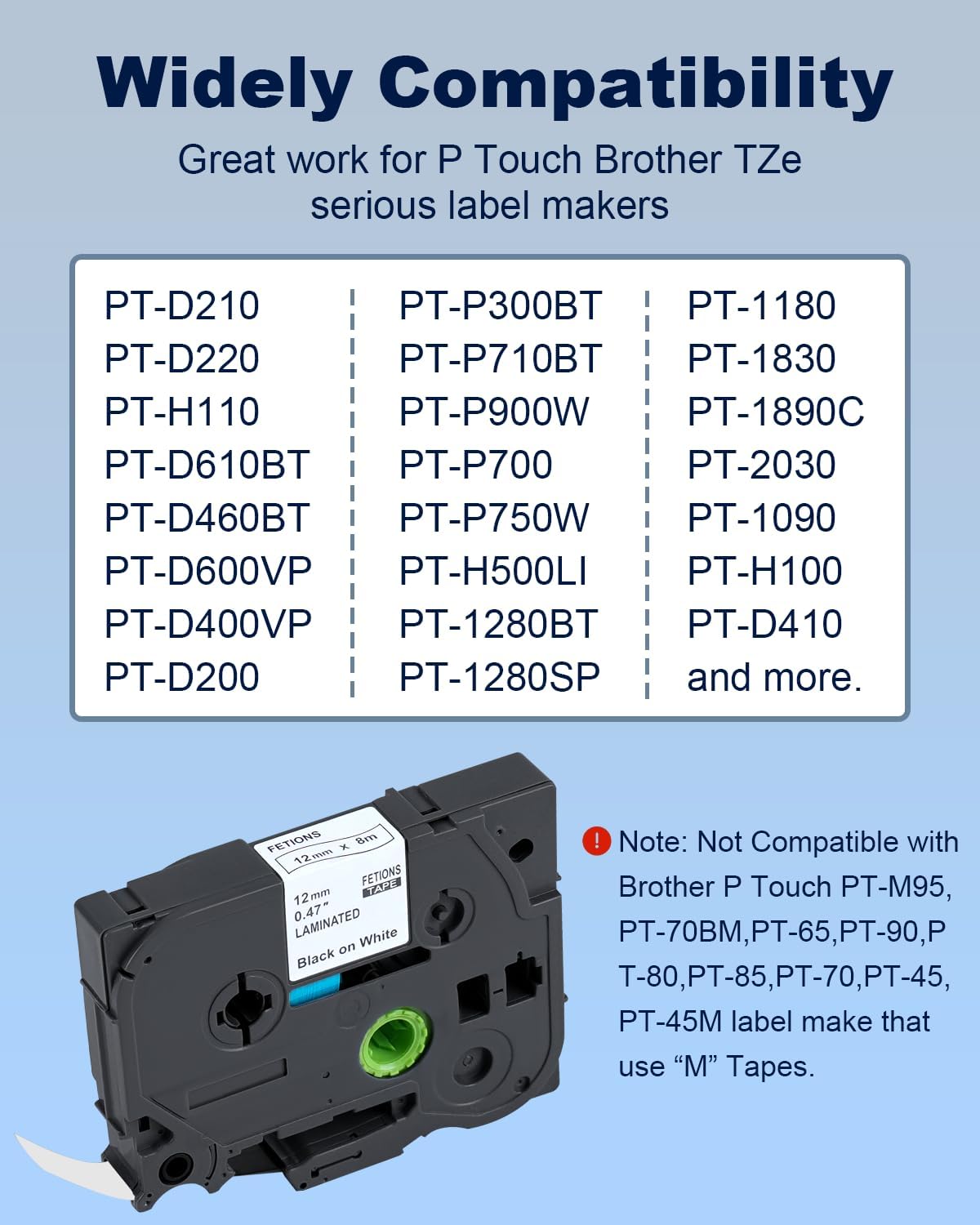 Label Maker Tape TZe-231 Replacement for Brother P Touch PT-D210 PT-D220 PT-H110 PT-D600 D400 by FETIONS, Compatible with TZe TZ 12mm X 8m Laminated Waterproof Label Tape, 6 Pack