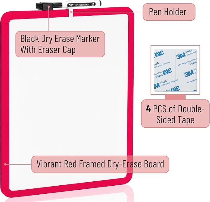 Mr. Pen- Dry Erase Board, 14” x 11” with a Black Dry Erase Marker | Red Frame, Small Mini White Board for Students, Fridge, Wall, Locker, Includes Double Sided Tapes