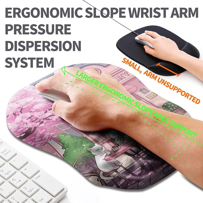 Ergonomic Slope Mouse Pad Wrist Support, Wrist Rest Mousepad for Carpal Tunnel Pain Relief with Massage Bulge and Slow Rebound Memory Foam (12x8 inch, Cat Bakery)