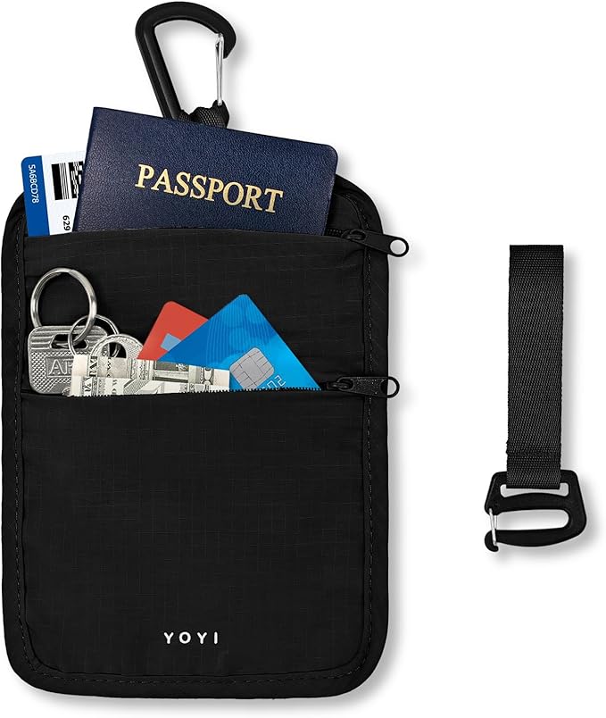 Anti-Theft Belt Waist Travel Wallet Hidden Passport 3-Zone Clip Carabiner | Water-resistant fabric with RFID blocking liner, fits passport, tickets, cards, and cash in 3 zones