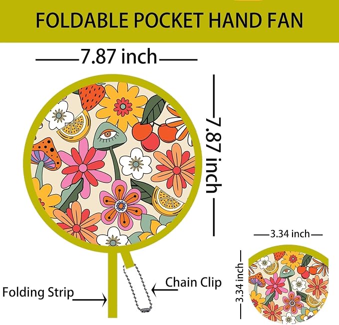 4 Pack Retro Hippie Hand Fan Foldable Multi-Role Round Fans for Travel, Events, Graduation, Indoor & Outdoor (Joyful)