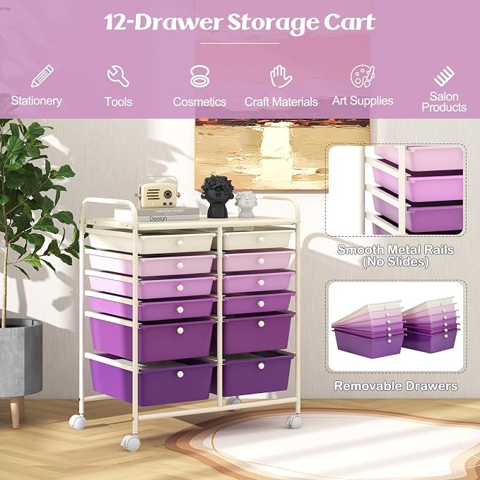 12 Drawer Rolling Storage Cart, Craft Cart Organizer on Wheels with Metal Frame, Large Capacity & Smooth Drawers for Living Room, Classroom, Office (Gradient Purple)