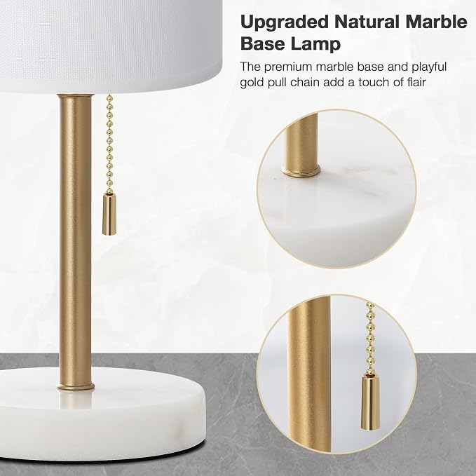 Dicoool 17" Bedside Table Lamp for Bedroom, Marble Desk Lamp with USB Ports | 17" Tall Night Stand Lamp, Luxury Marble Base, USB A+C Ports, 3 Color Temperatures, LED Bulb Included