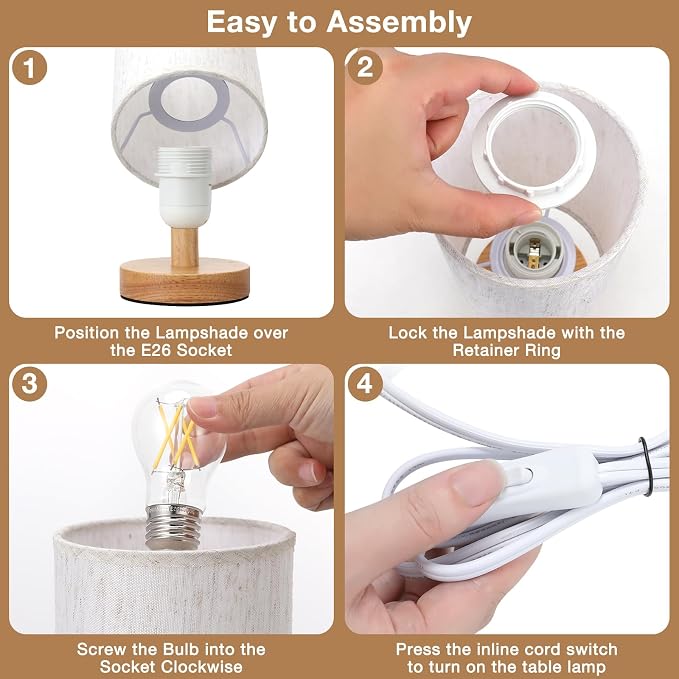 Small Lamps Set of 2 (Cream Shade - Wood Base, 9" Inline Control) | Two 3000K LED Blubs Included | 680 Lumens | Easy Assembly | Minimalist Design | E26 | for Kitchen | for Kids Room