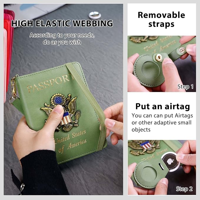 Cnycmy Passport Holder with Airtag slot,Passport-Wallet-Holder for Women,for Family, Rfid Passport Book Card Slot Waterproof, passport holder for travel (moss green1)