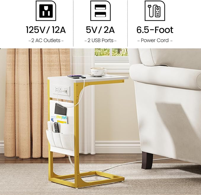 TUTOTAK C Shaped End Table with Charging Station, Side Table for Sofa | Couch Table with Storage Bag, TV Tray with 2 USB Ports and Outlets, Set of 2, Living Room and Bedroom, TB01BWG0242