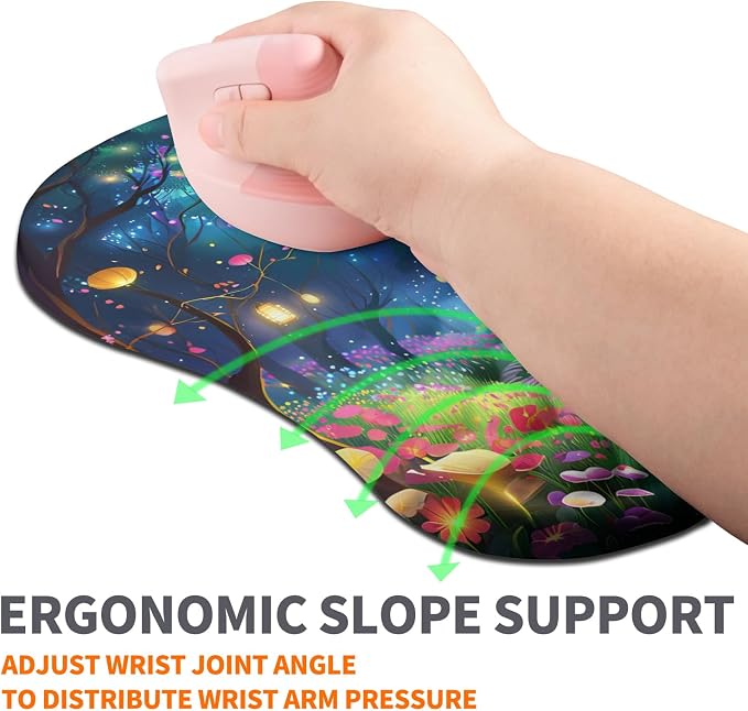 Ergonomic Joint Wrist Support Mouse Pad with Memory Foam Cushion Massage Bump, Carpal Tunnel Pain Relief Mousepad Slope Design for Wrist Rest, 11.8x7.9 in, Fantasy Forest
