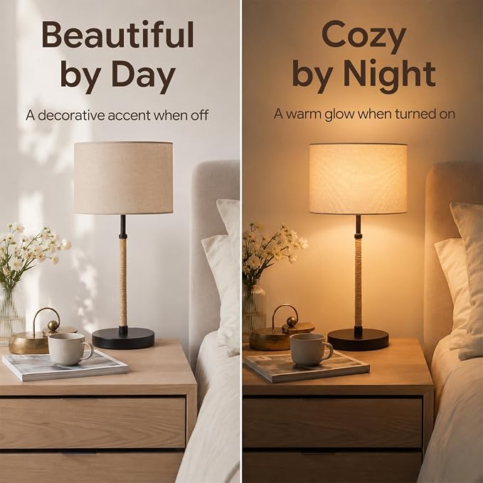 BySea Nordic Linen Desk Lamp, 21.1" Tall Metal Table Lamp for Living Room, Minimalist Bedside Nightstand Lamp with Fabric Drum Shade, Japandi Decor, Warm Yellow Light, 6.6ft Cord