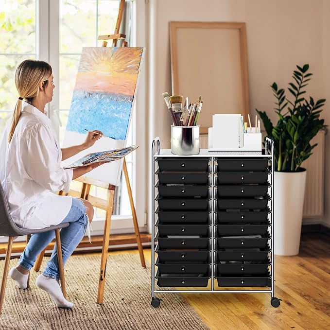 RELAX4LIFE 20 Drawer Rolling Storage Cart, Mobile Rolling Cart w/Drawers for School Classroom Teacher Office Home Salon, Paper File Art Supply Craft Organizer, Utility Cart on Wheels (Black)