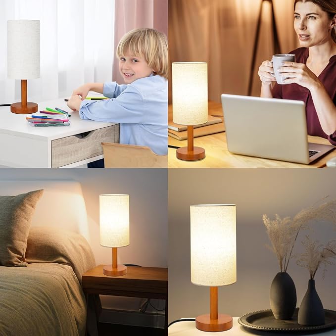 LALISU Small Table Lamp Nightstand Lamp Linen Lampshade Bedroom Wood Base Small Bedside Lamp for Night Stands, Desk Lamps for Reading Living Room, Office (LED Bulb Included) (Rosewood)
