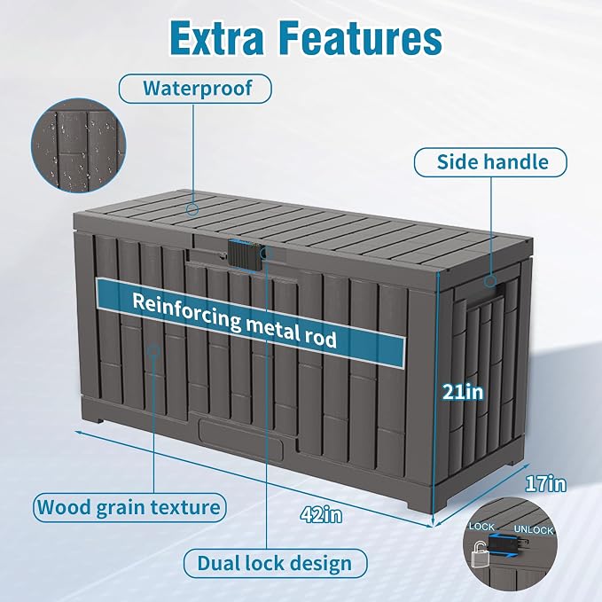 Outdoor Storage Box, 60 Gallon Waterproof Deck Box, Lockable Storage Container, Built-in Reinforcing Metal Rod Outside Resin Bin for Patio, Garden, Poolside and Garage