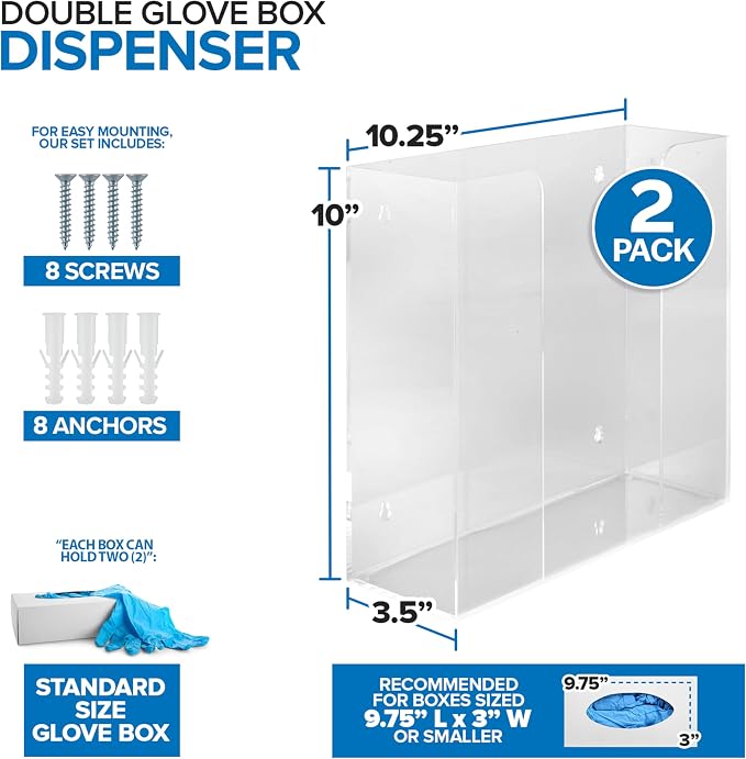 Stock Your Home Double Acrylic Gloves Dispenser (2 Pack) Tissue Box Shelf, Glove Holder Wall Mount, For Kitchen, Cleaning Closet, Exam, Office