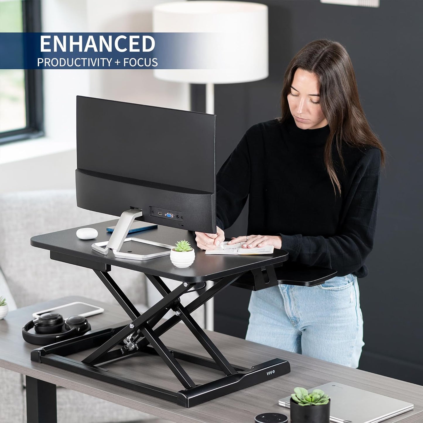 VIVO 26 inch Desk Converter, K Series, Height Adjustable Sit to Stand Riser, Dual Monitor and Laptop Workstation with Keyboard Tray, Black, DESK-V026KB