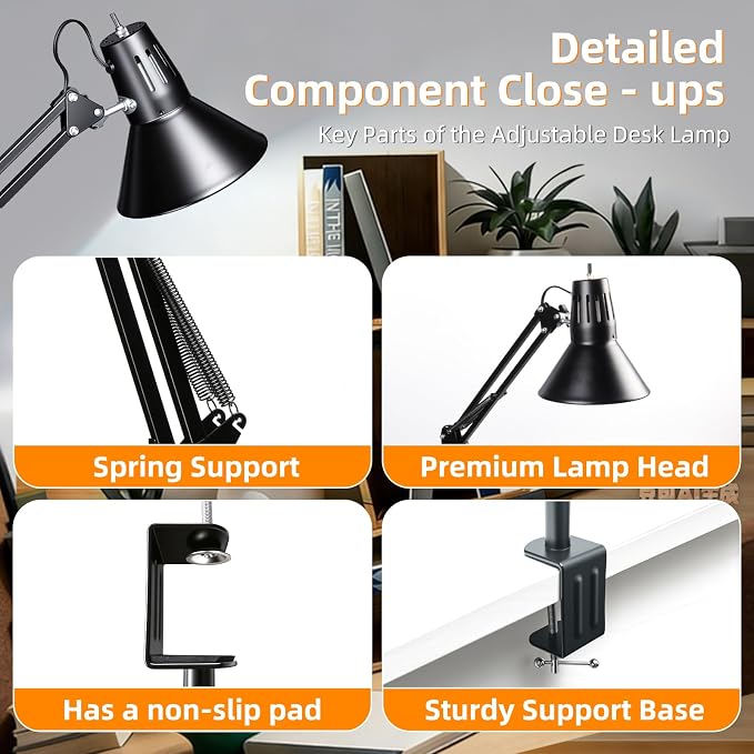 Black Desk Lamp with Clamp, Extra-Tall Adjustable Metal Swing Arm, 5000K | Manicurist Table Lamp for Nail Work, Drafting, Sewing, Crafting, College Dorm and Home Office, A19 Bulb Included