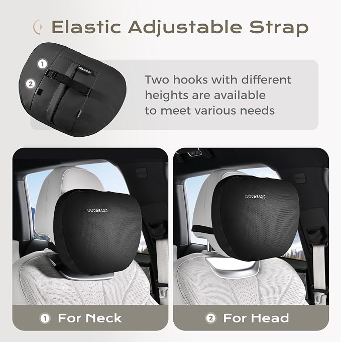 Coverado Leather Car Headrest Pillow Car Neck Pillow with Adjustable Strap, Head Support Rest Driver Relax Head Muscles Relieve Driving Fatigue, Breathable & Removable Cover, Black
