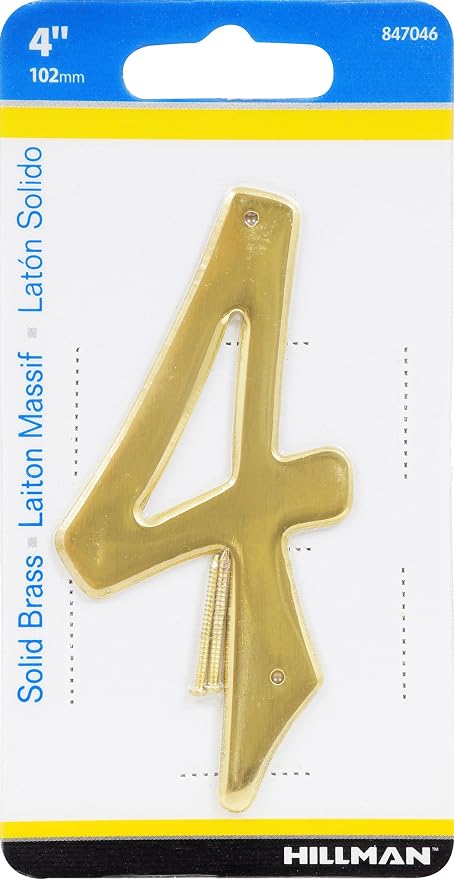 Hillman 847046 4-Inch Nail-On Traditional Solid Brass House Number 4, 1 Count (Pack of 1)