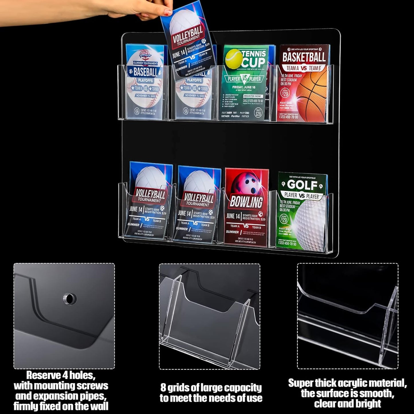 Eersida 2 Pack Acrylic Brochure Pamphlet Holder Wall Mount Clear Brochure Display Holder Plastic Trifold Flyer Rack Literature Storage Rack for Offices Waiting Room (8 Pockets, 15 x 17 Inch)