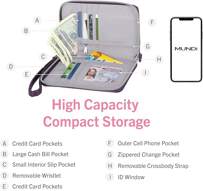 Mundi Jacqui RFID Crossbody Wallet for Women, Vegan Leather Small Travel Handbag with Phone Holder, Compact Organizer with Card Slots and Removable Strap, Vacation Purse in (Purple)