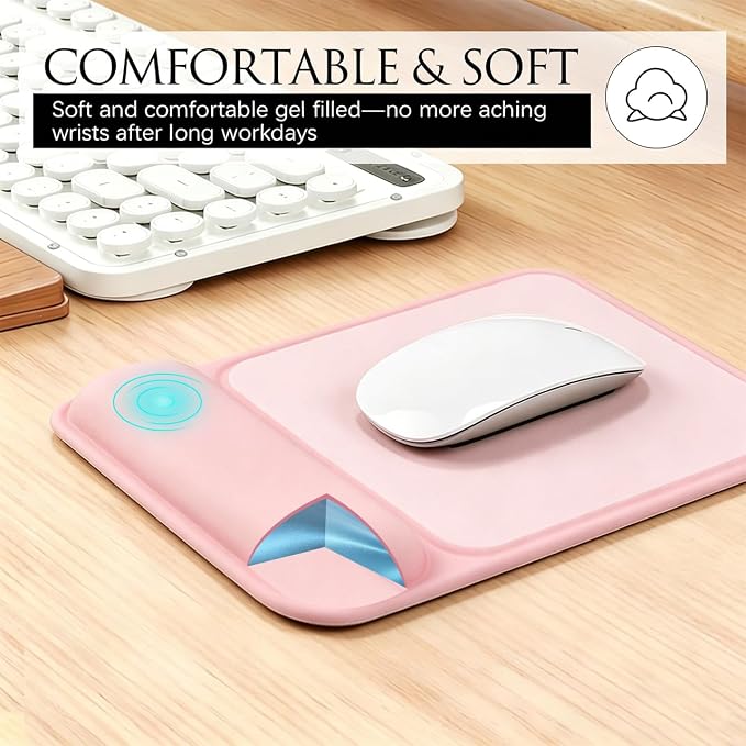 JIKIOU Ergonomic Mouse Pad with Gel Wrist Rest, 10 x 7.25 in, Pink | 40% Larger Rectangular Design-No More Hitting Edges Mid-glide, Savior of Pain Relief, Smooth Lycra Surface, Non-Slip PU Base
