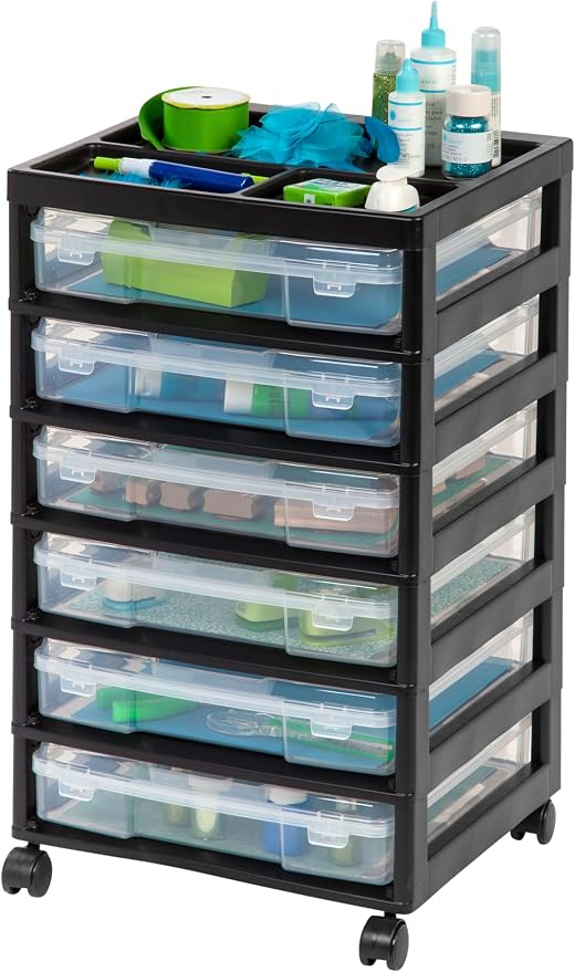IRIS USA Rolling Cart with Drawers |Made in USA| 6-Tier Cases - Black/Clear | Fits 12"x12" Paper, Built-In Handles, Storage Unit with Supply Top for Craft, Art, Office Supplies, Pens & Pencils