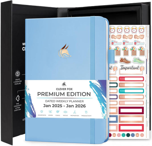 Clever Fox Dated Planner Premium 2025 – Weekly Agenda for Planning & Time Management –Notebook with Habit Tracker & To-do List (Light Blue)