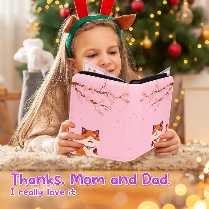 Premium 4 Pocket Trading Card Binder,400 Capacity with 50 Removable Sleeves | PU Leather Zipper Album Book for Sports Cards, Game | Card Storage & Organization for Girls Collector Sakura Pink