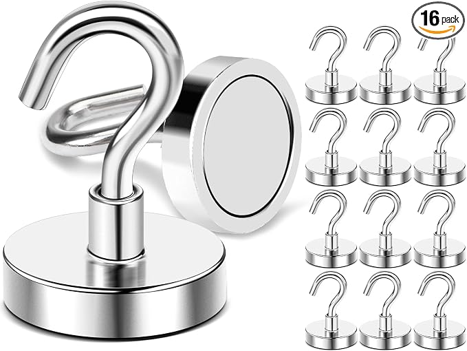 DIYMAG Magnetic Hooks, 170lbs 16pcs Cruise Cabin Essentials Heavy Duty N52 | Strong Neodymium Rare Earth Magnets, for Kitchen, Classroom, Beach, Cruise Cabins, Refrigerator, Hanging Key Clothes Wall Hat