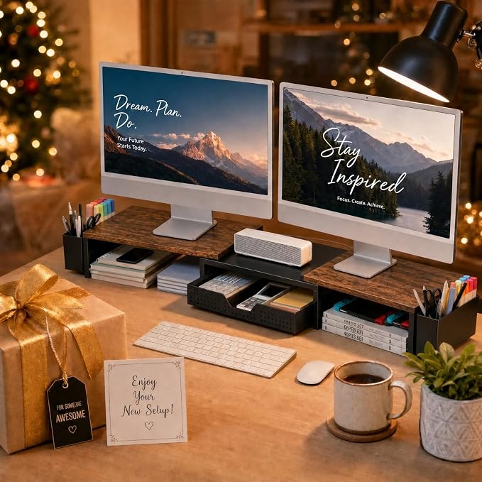 Desk Organizers and Accessories, Dual Monitor Stand Riser with Drawer and 2 Pen Holders, Desk Shelf Computer Racks for Office Workspace Organizers, Desktop Organization (Rustic Brown)