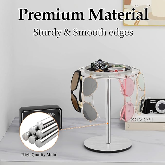 LSK Metal Sunglasses Organizer, Glasses Stand with Storage Tray, Silver | Sunglass Holder with Non-Slip Pad for Nightstand, Tabletop, Desk, Dresser, Hanging Up to 9 Pairs Sunlasses/Reading Glasses