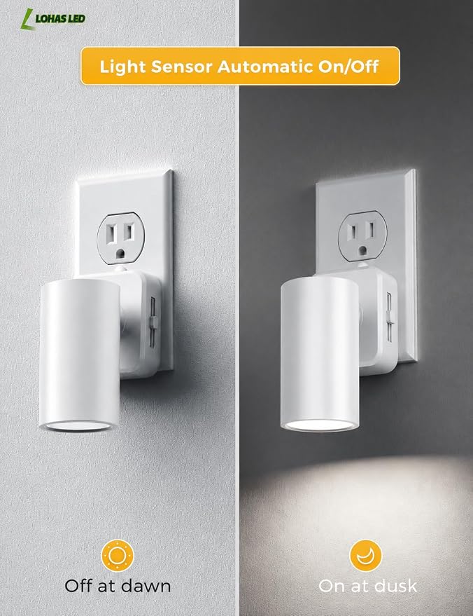 L LOHAS LED Night Lights Plug into Wall,[2-Pack] Wall Spot Lights Indoor with Light Sensor,5000K Daylight White Night Lights,for Home Decor Party Bathroom,Hallway