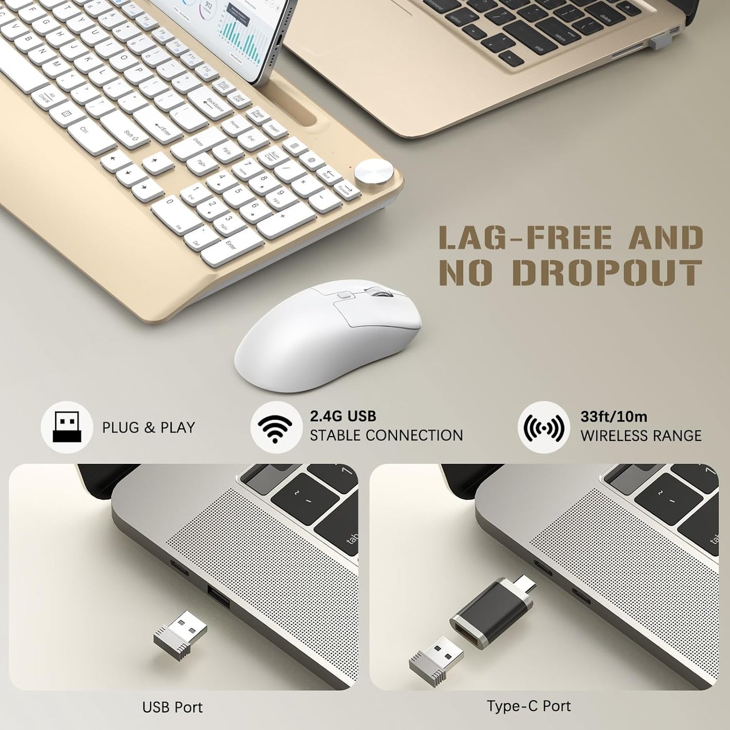 Ergonomic Wireless Keyboard and Mouse with Wrist Rest，Phone Holder - 2.4GHz Full-Sized Low-Profile Quiet Gold Wireless Mouse and Keyboard Combo for Computer, Laptop, PC, Mac-Gold
