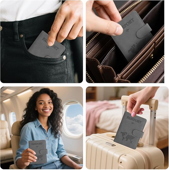 Passport Holder for Travel Essentials, Grey Leather Passport Cover, Passport Wallet Holders for Women Men Family Travel Gifts Must Have Accessories, Credit Card Cash Air Ticket Storage Supplies