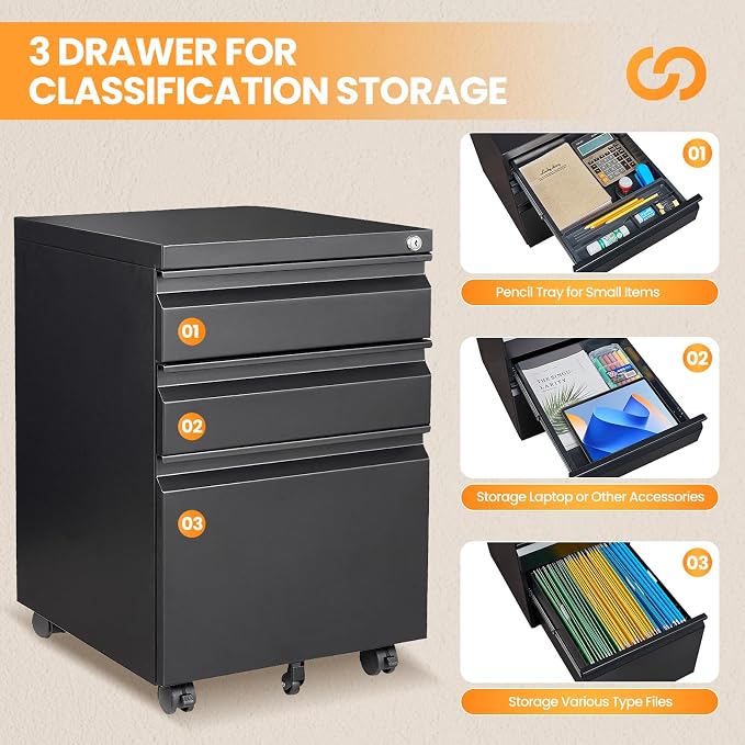 3 Drawer Mobile File Cabinet with Lock, Rolling Filing Cabinets for Home Office, Under Desk Small File Cabinet Three Drawers for Legal/Letter/A4 File, Black - Assembly Required