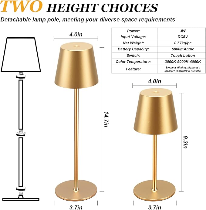 Kakanuo Cordless Table Lamp Rechargeable Gold - KK 4 Pack Battery Operated Lamp for Dining Table, 3 Color Stepless Dimming Wireless Lamp for Counter, Outdoor Patio, Touch Control