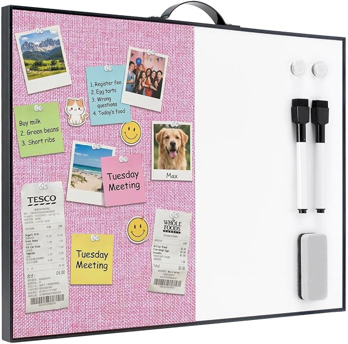 Small White Board Cork-Board Combo - 16 X 12 inches Pink Linen Board & Magnetic Dry Erase Board for Wall, Mini Bulletin Cork Board with Holder for Office, Home and School
