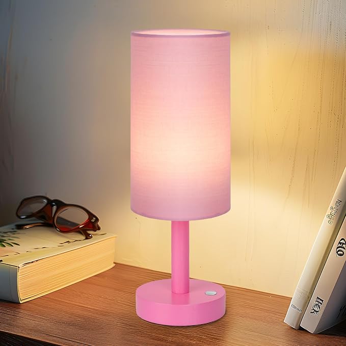 LALISU Small Table Lamp Nightstand Lamp Linen Lampshade Bedroom Wood Base Small Bedside Lamp for Night Stands, Desk Lamps for Reading Living Room, Office (LED Bulb Included) (Pink)