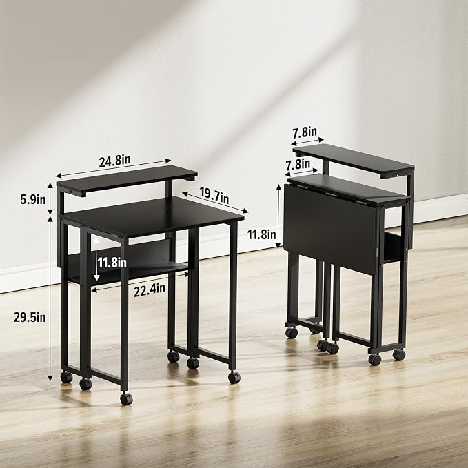 GreenForest Folding Desk with Adjustable Monitor Stand, 24.8 in Small Desk | Storage Shelf, Lockable Wheels, Portable, Space Saving, Mobile Rolling Table for Small Spaces, Home Office, Writing, Black