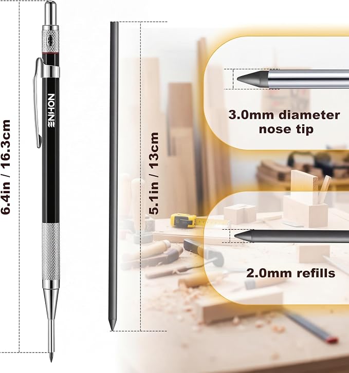 Enhon 2mm Carpenter Pencil Set with 12 Refills and Sharpener, Black | Woodworking Marking Tool Solid Deep Hole Construction Mechanical Pencil, Extended Needle-Nose Tip for Use in Jobs