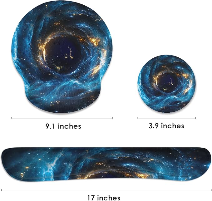 Ergonomic Mouse Pad Set with Wrist Rest, Galaxy Space | Blue Black Non-Slip Rubber Base Wrist Cushion Support and Coasters Mousepad with Wrist Support for Computer Keyboard