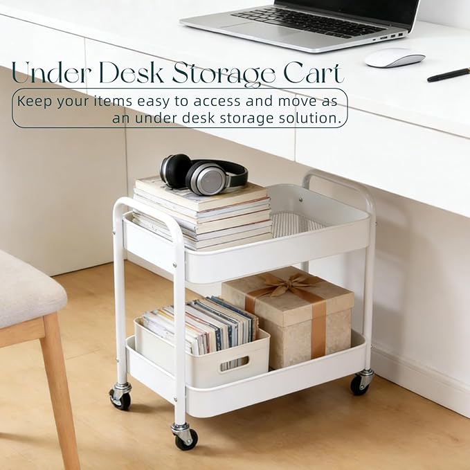 2 Pack Two Tier Rolling Cart with Wheels Small Pantry Floor Organizer Under Desk Storage Metal Short Utility Cart for Small Space, Kitchen Shelf Laundry Room Bathroom Organization, White
