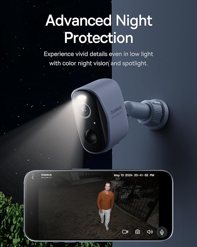 Baseus Security Cameras Wireless Outdoor, N1 2-Cam Kit with 2K Clarity, No Monthly Fee, 16TB Expandable Local Storage, 210-Day Battery Life, Spotlight & Alarm, Works with Alexa/Google Home, Light Grey