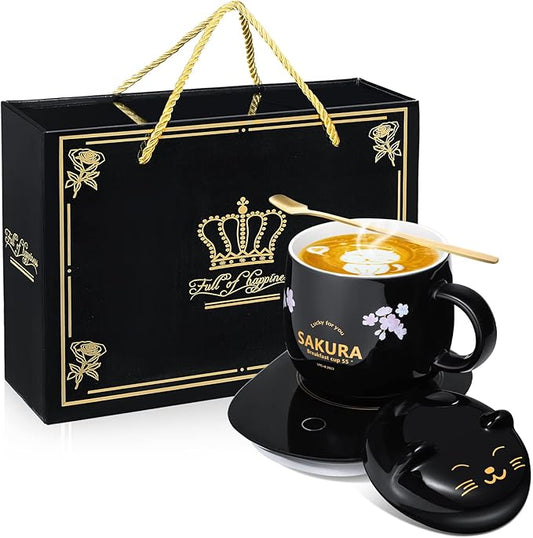 Honeydak Coffee Mug Warmer Cute Cat Mug Set Cup Warmer for Women Heated Coffee Warmers for Mom Home Office Desk Valentine's Day Anniversary Birthday Gifts(Sakura,Black)