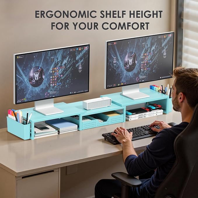 Desk Organizers and Accessories, Dual Monitor Stand Riser with Drawer and 2 Pen Holders, Desk Shelf Computer Monitor Stand for Office Workspace Organizers, Desktop Organization (Blue)