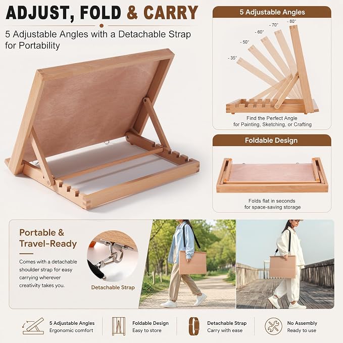 16.5"x12" Beechwood Tabletop Easel with Paint and Sketch Papers,Mask Tape | Portable Adjustable Art Easel with Detachable Strap, Drawing Board for Painting, Sketching and Diamond Art
