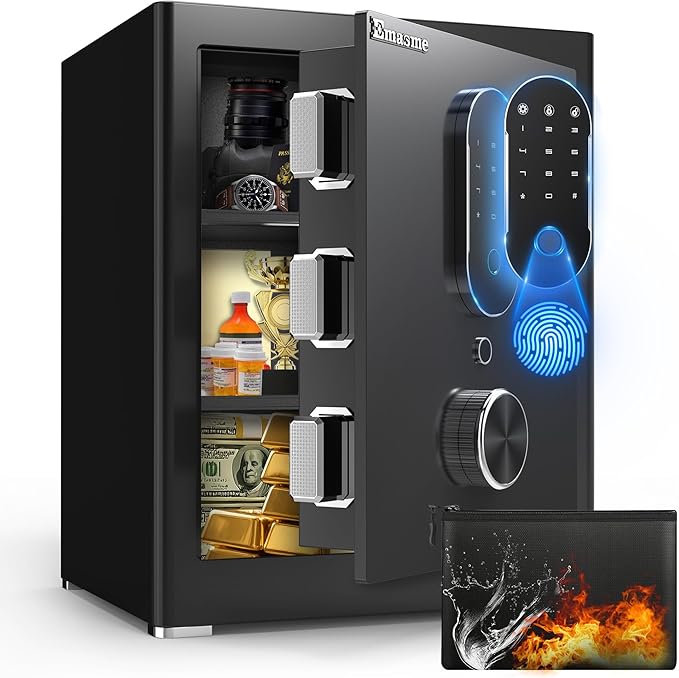 Safe Box, Money Safe with Fireproof Waterproof Bag, Medium Size Safes with Digital Keypad, Dual Alarm System, Removable Shelf for Valuables & Cash (Upgrade 2.0 CUFT Biometric