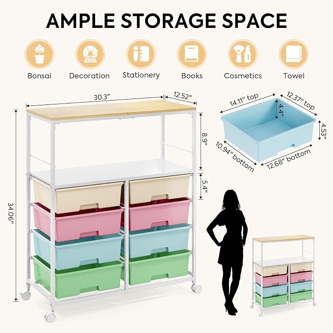 Rolling Storage Cart with 8 Large Drawers,Wooden Tabletop | Open Storage Shelves, Mobile Craft Organizer with Lockable Wheels for Home, Classroom, Office Supplies & Art Studio,Colorful